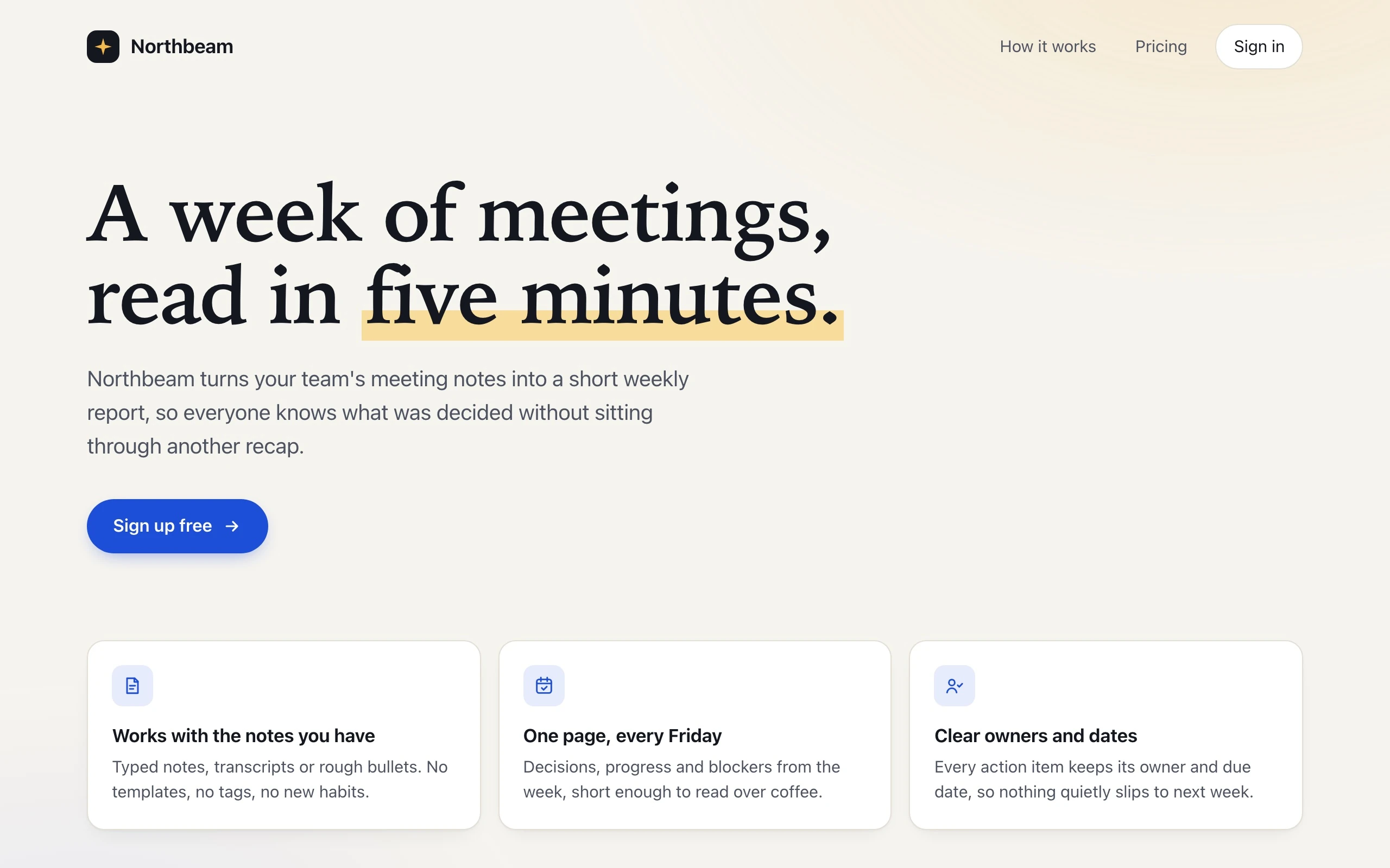 The page the agent made on its own: a large serif headline with a yellow highlighter stroke, a warm glow in the corner, a blue rounded sign-up button, and three white cards with small tinted icon squares.