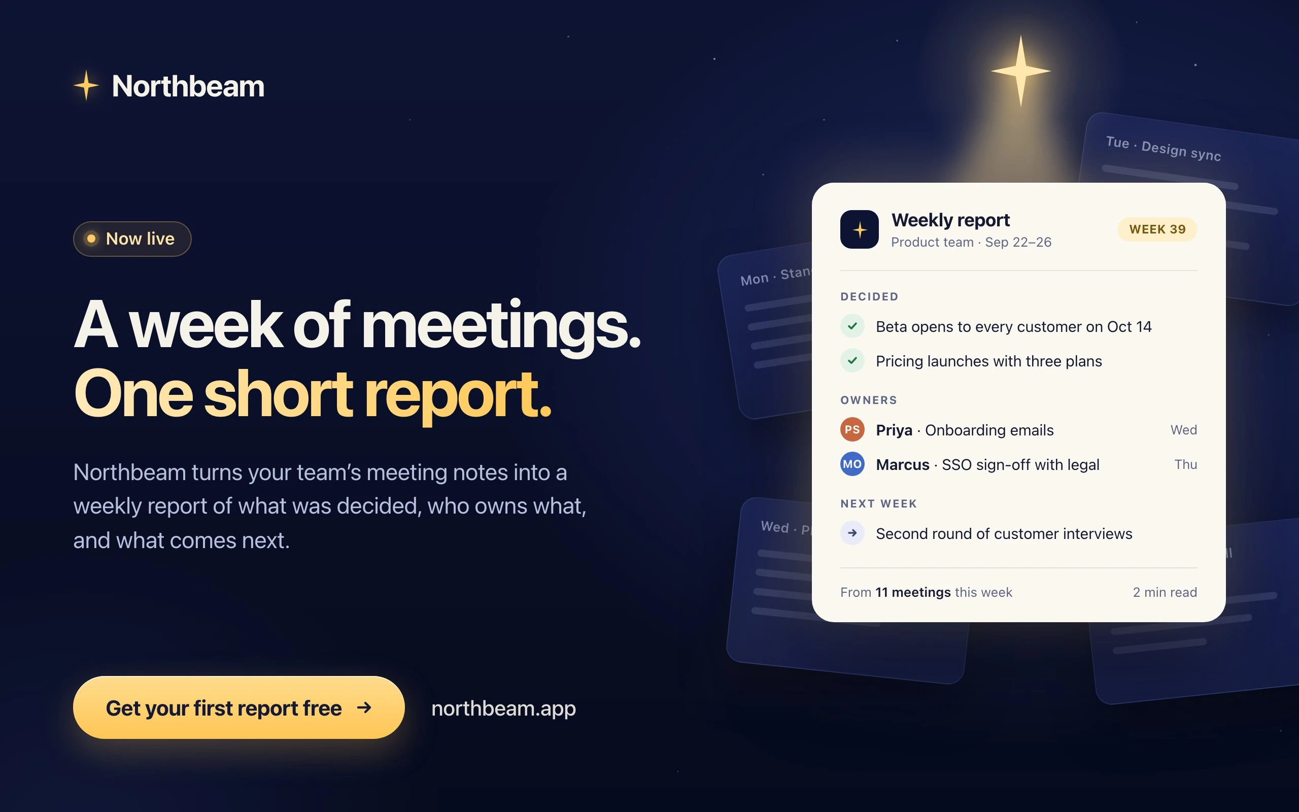 The graphic the agent made on its own: a navy night sky with a glowing star, a Now live pill, the headline "A week of meetings. One short report." with its second line in a gold gradient, a floating report card, and a yellow rounded button.