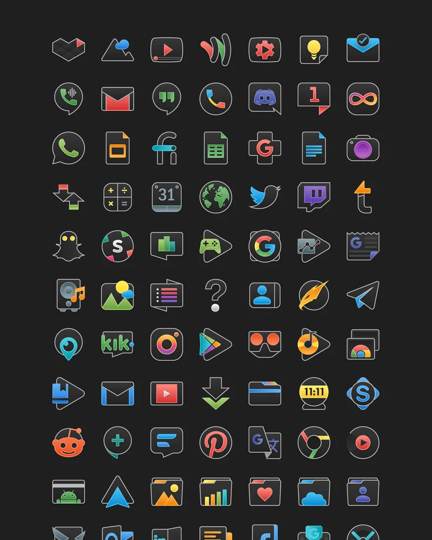 A grid of app icons drawn in colored outlines on a dark ground.