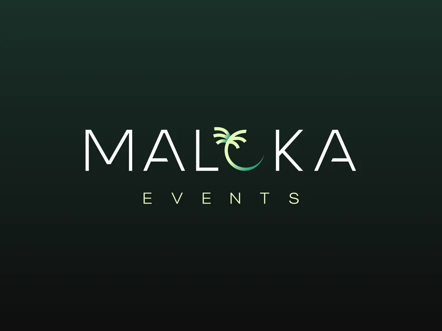 The Maloka Events logo: a light wordmark with a palm tree in the O, on dark green.