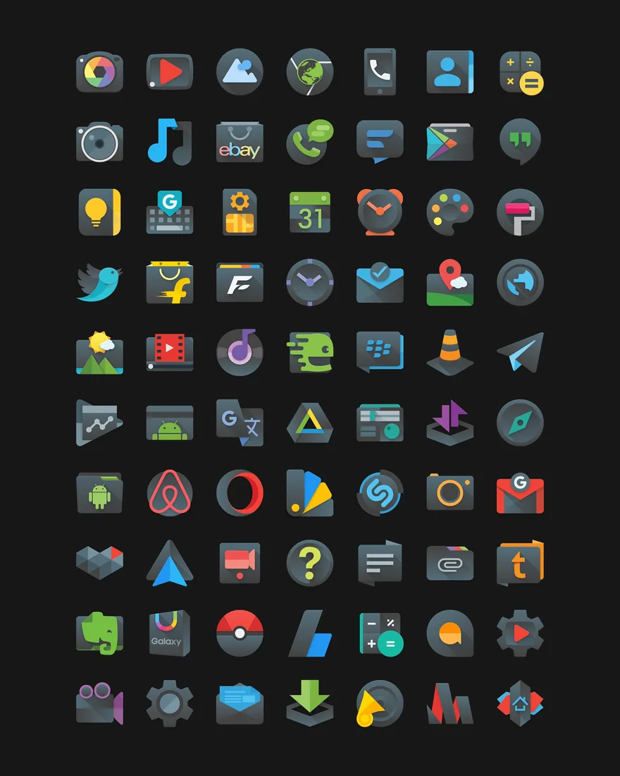 A grid of flat app icons with long soft shadows, on a dark ground.