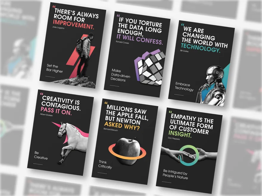 Six black posters of quotes in bold white and red type, each with a 3D object: a climber, a cube, a robot, a unicorn, an apple and two hands.