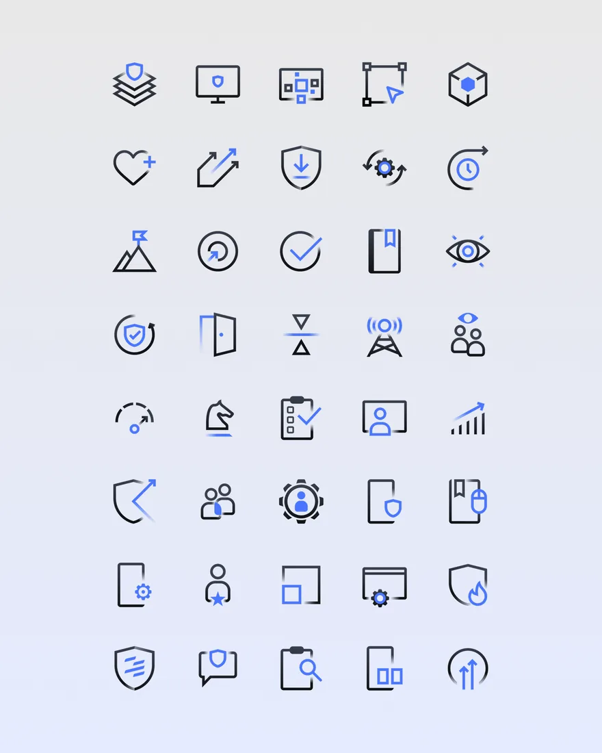 Forty line icons on security themes, a shield, a lock, a key and a checklist among them, in navy with blue accents on a pale blue ground.