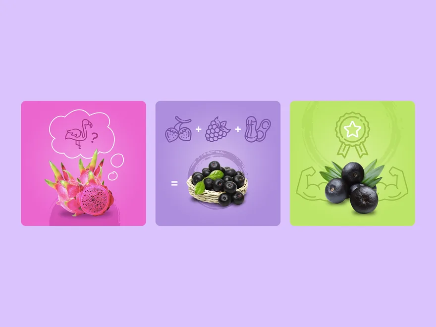 Three social posts for Puree Foods: fruit and berries on bright pink, purple and green squares.