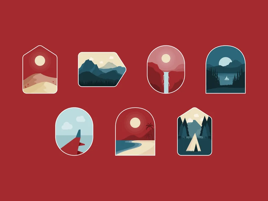 Seven travel stickers for Dtravel: small landscapes inside arches and badges, on red.