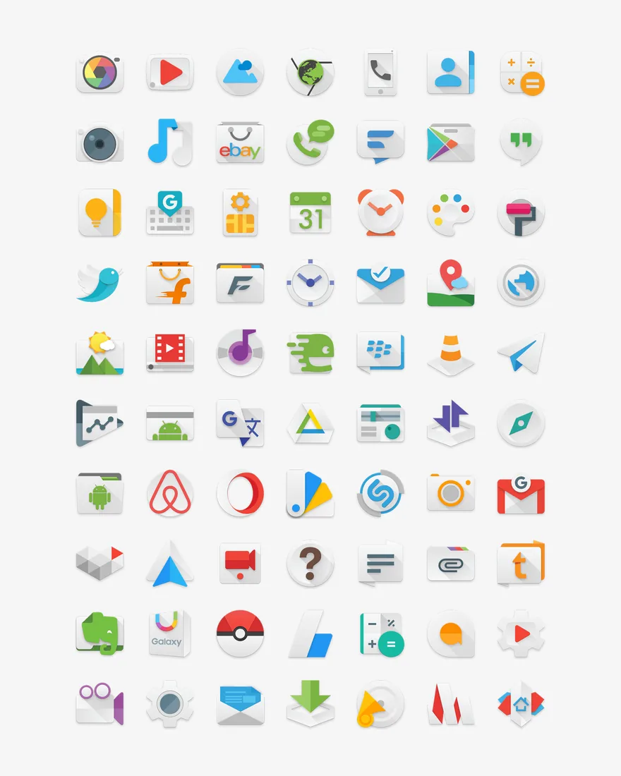 A grid of flat app icons with long soft shadows, on a light ground.