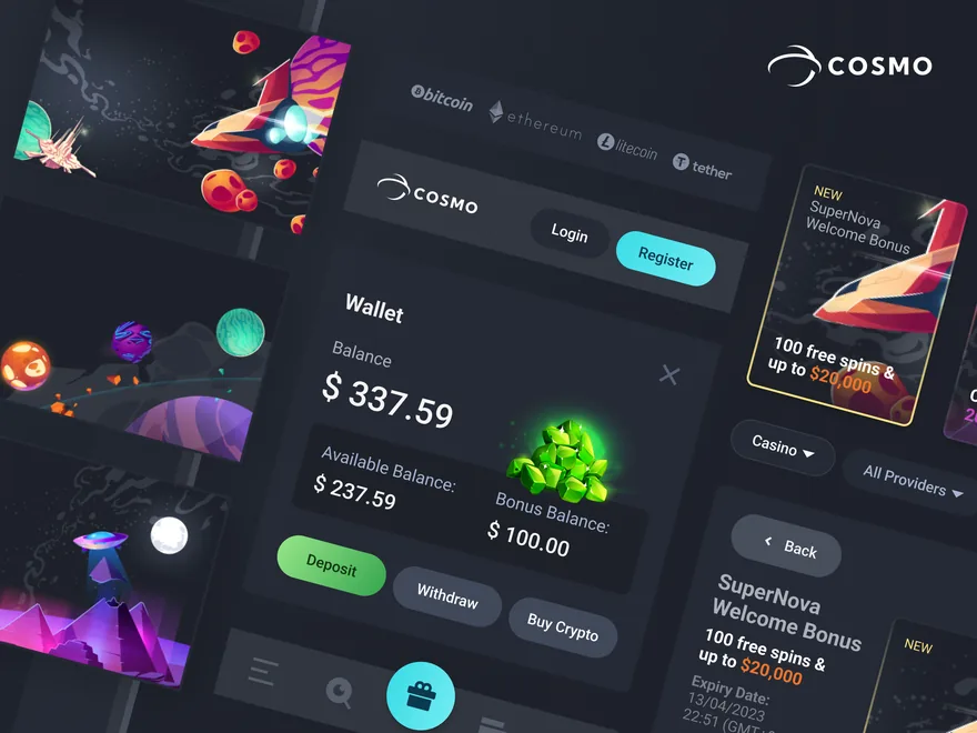 The Cosmo app's wallet screen, with the balance and a bonus, beside planets, a spaceship and a green crystal.