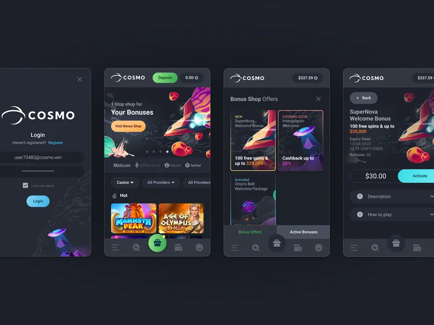 Four phone screens of Cosmo, a crypto casino app: the login, the bonuses, the bonus shop and an offer, dark with planets and a spaceship.
