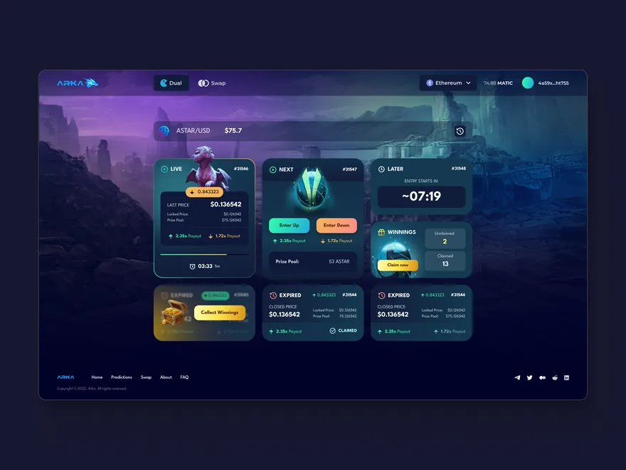 The Arka prediction dashboard: live, next and later rounds as cards, over a purple mountain landscape.