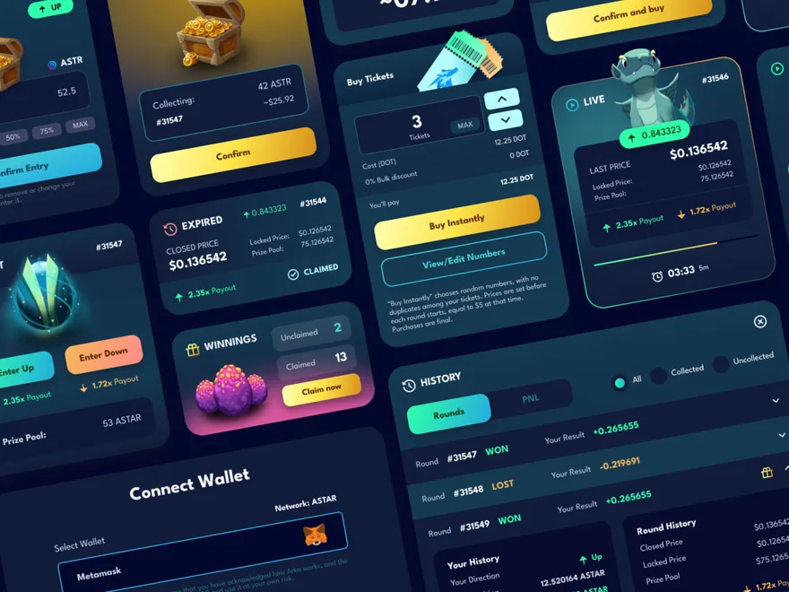 The Arka app's cards up close: connect a wallet, buy tickets, winnings and the round history, dark with gold and teal.