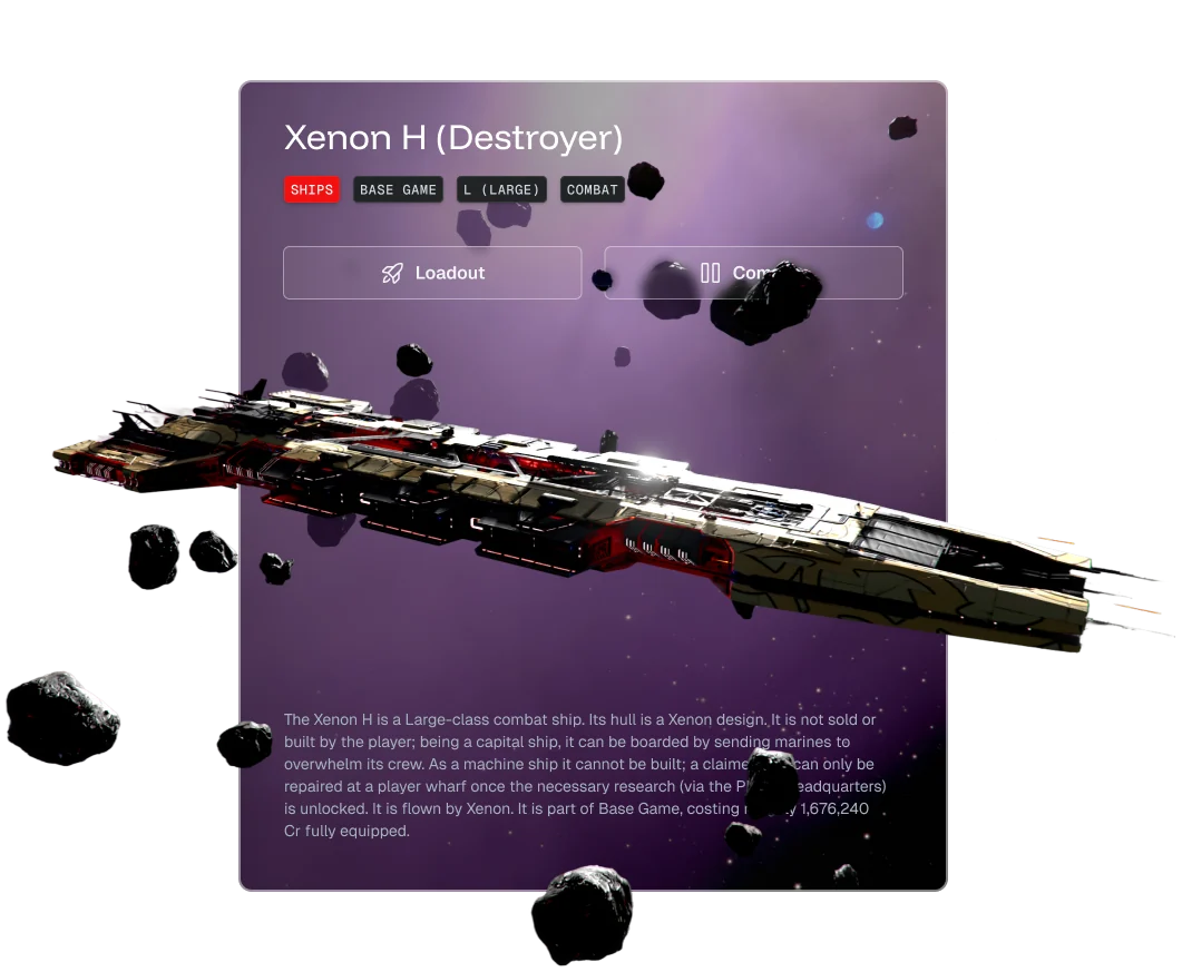 A Torus entry, the Xenon H destroyer, on the design system's card: its title, tags, buttons and description, with the ship and a scatter of asteroids breaking out of the frame.