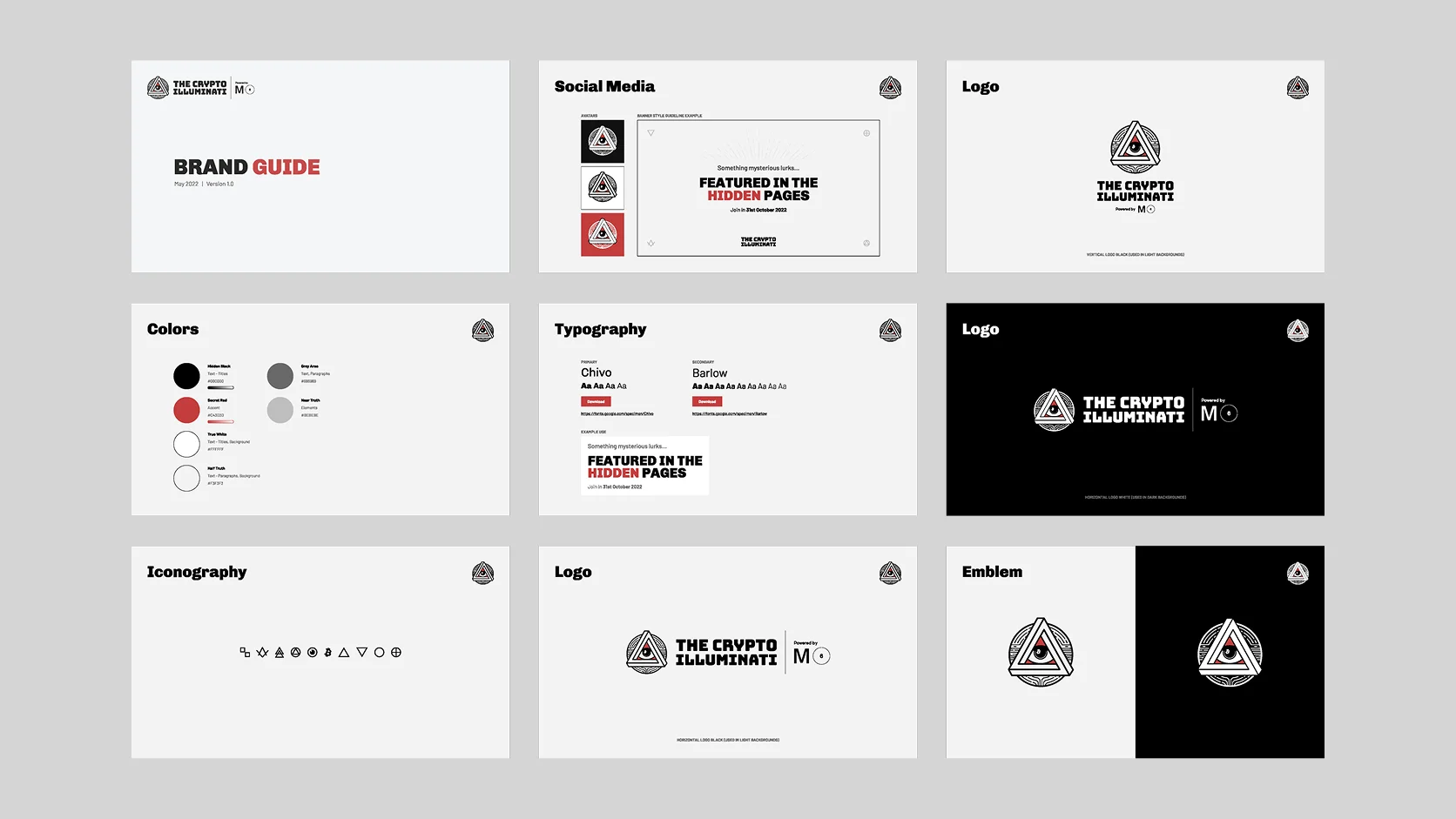 Pages from The Crypto Illuminati brand guide: the logo, the emblem, colors, type, icons and social media.