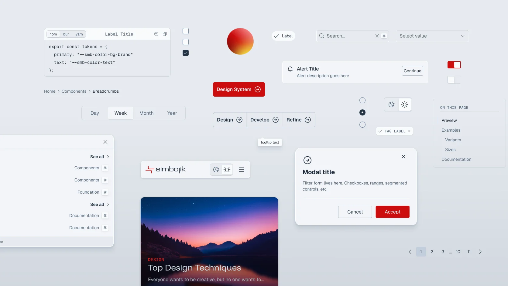 Parts of the Simbolik design system: a code block, buttons, fields, an alert, a modal, pagination and a table of contents.