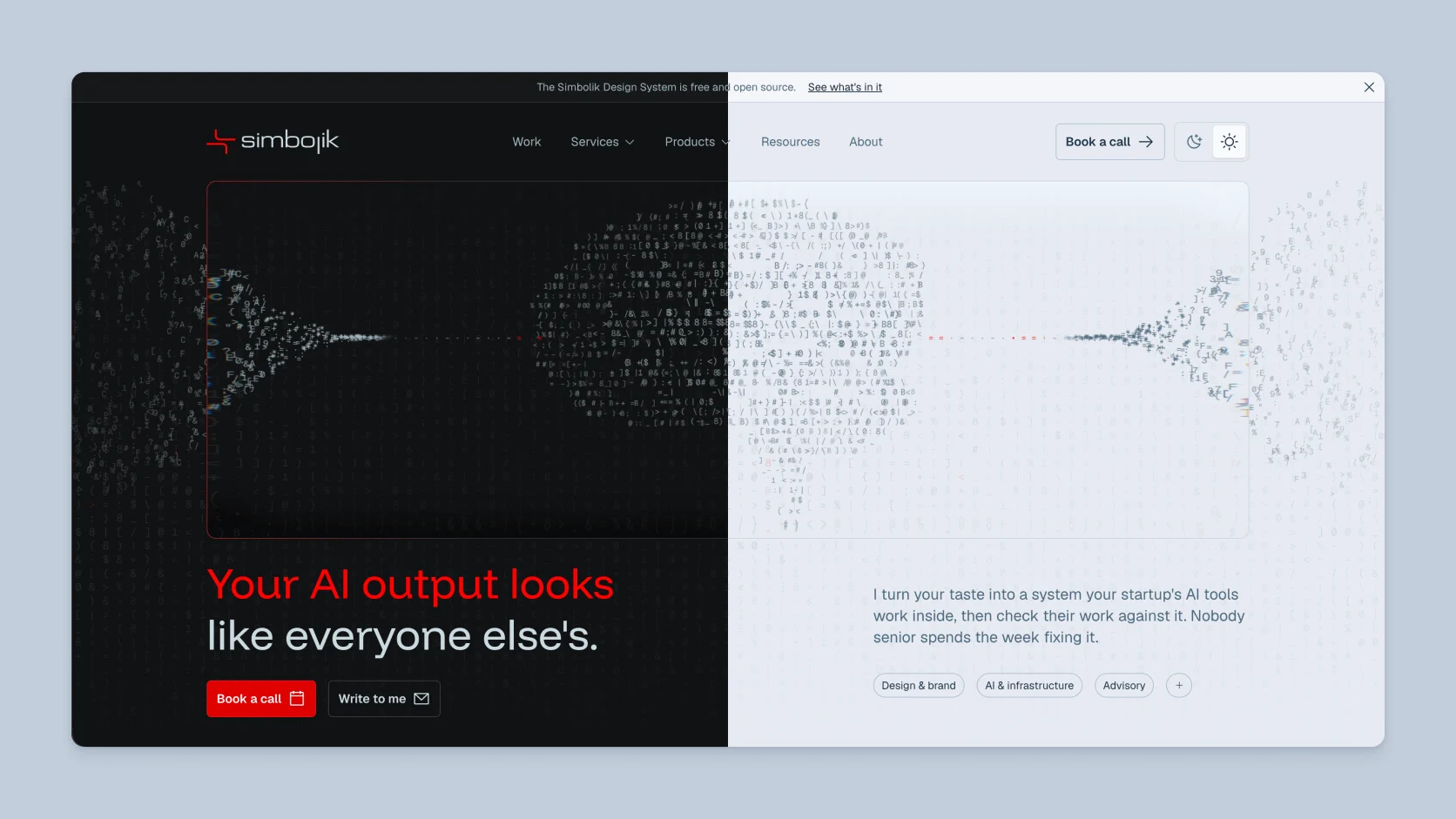 The simbolik.ai home page, half in the dark theme and half in the light.