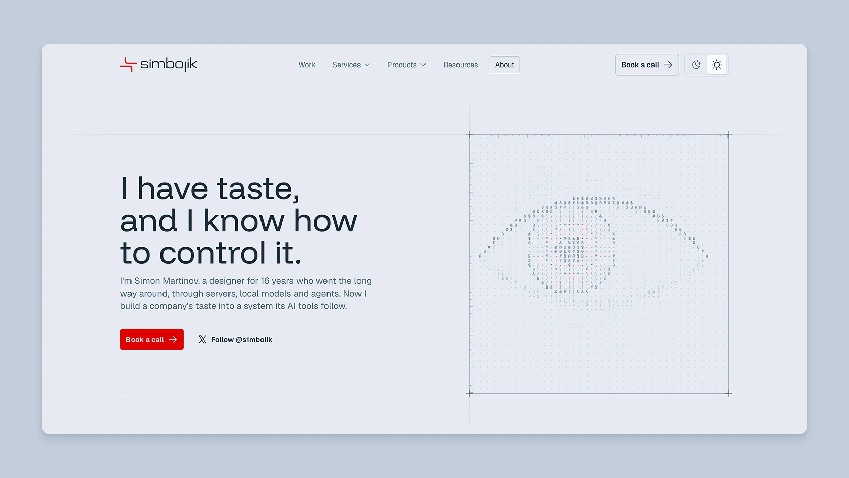 The simbolik.ai About page, with its ASCII drawing of an eye.