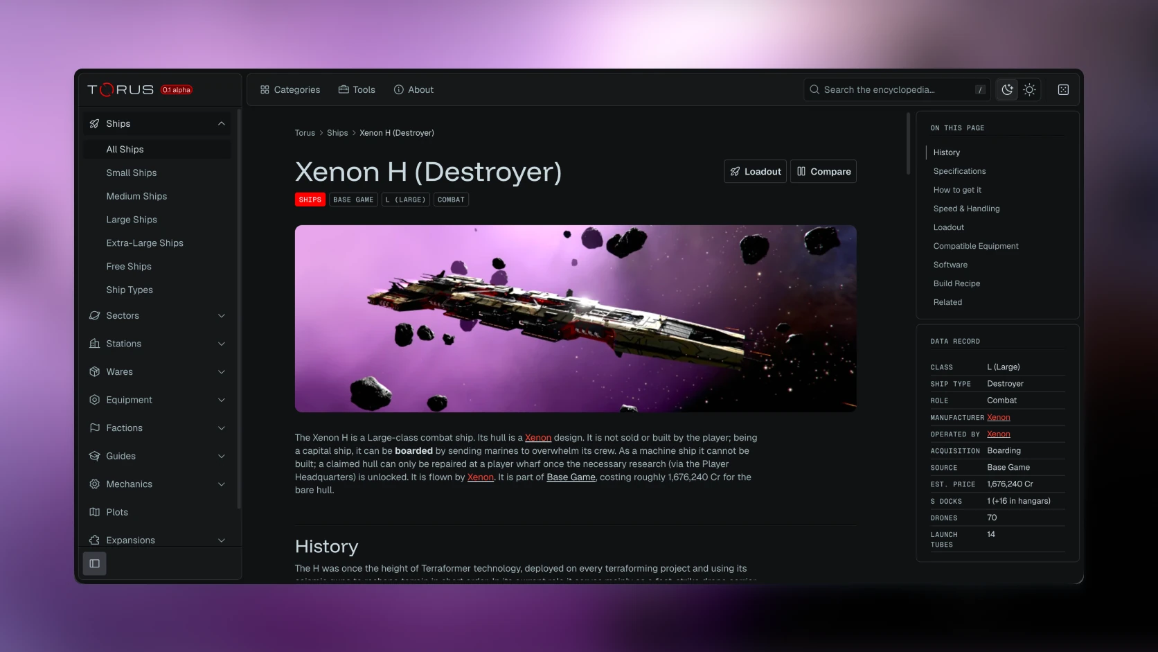 A Torus entry, the Xenon H destroyer: its picture, its contents and its data record.
